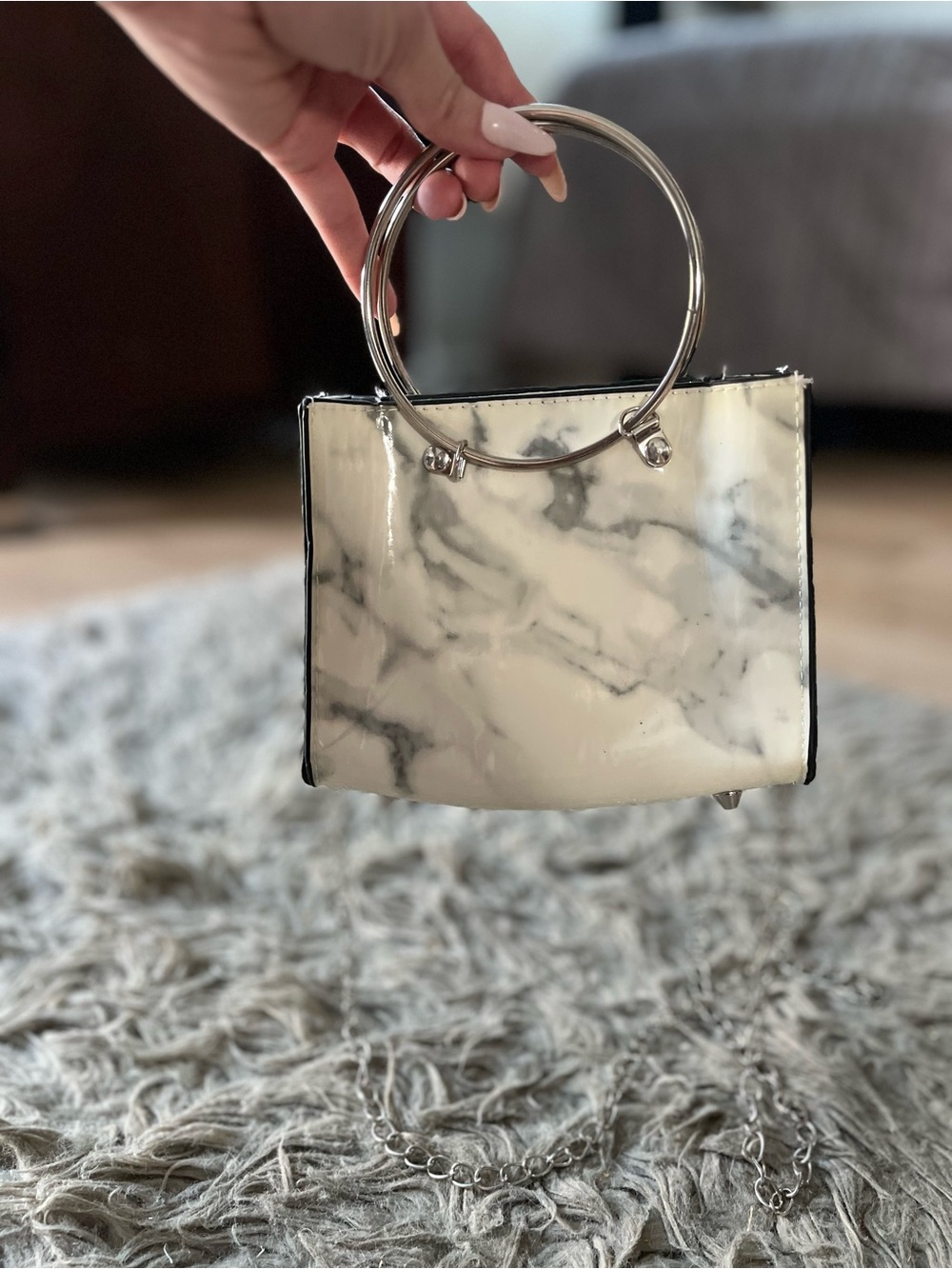 Marble-Print White Mini Handbag with Silver Ring Handles